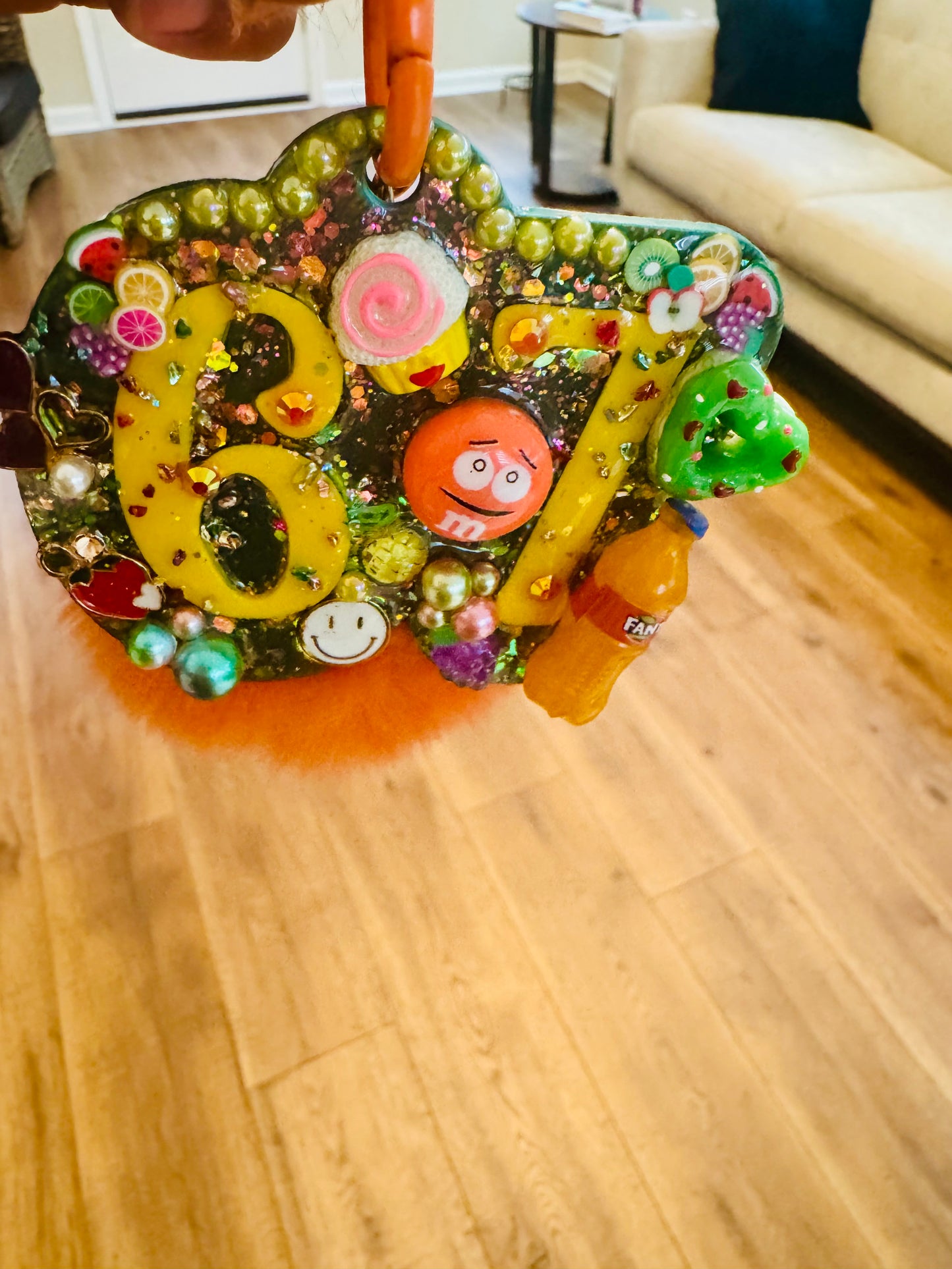 6 7 Sparkle Clutter Keycharm | Trendy Resin βJunkβ Keychain with Pom | Handmade Candy-Style Accessory | Customizable Glitter Bag Charm