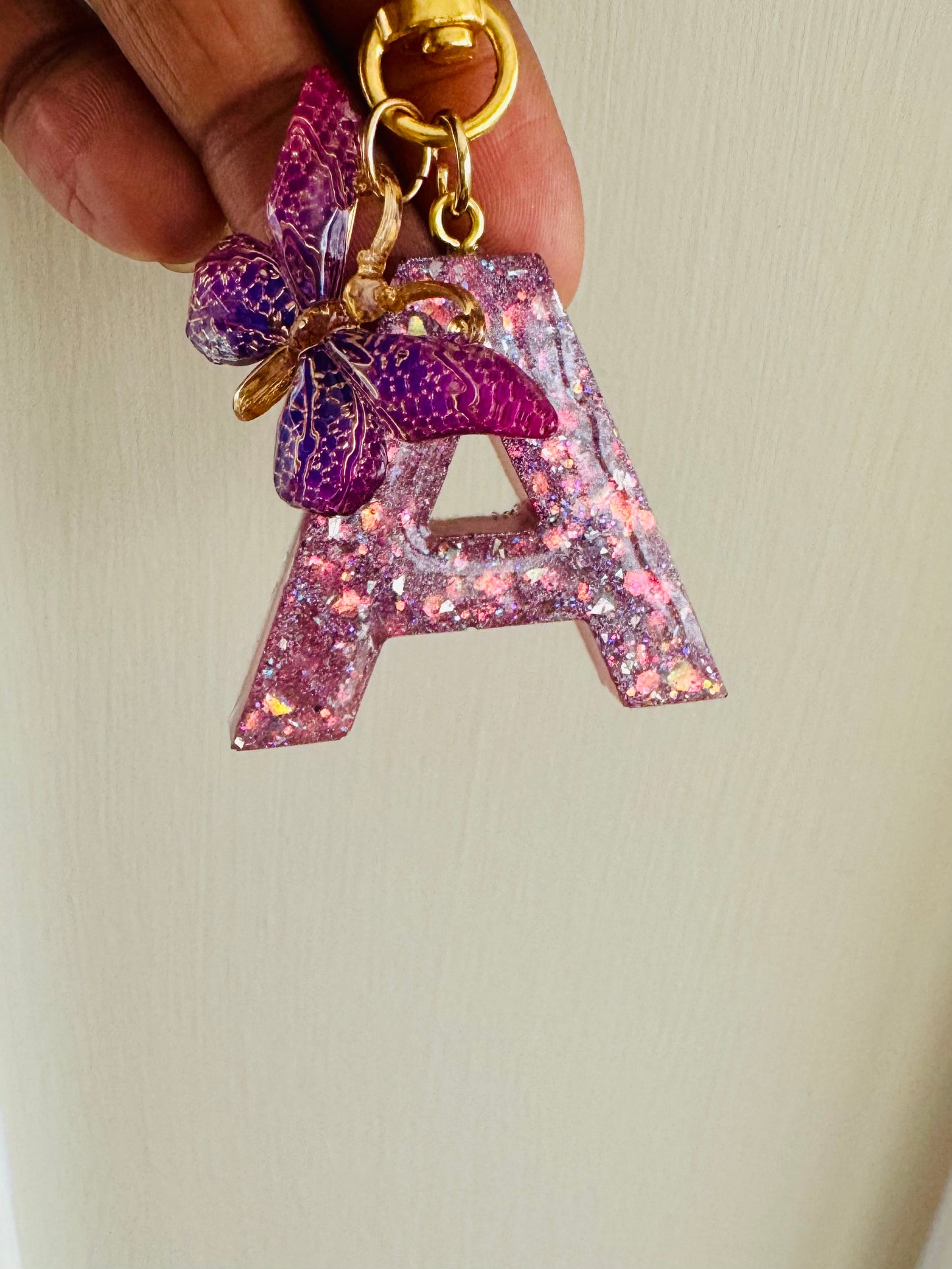 Custom Glitter Initial Keychain with Butterfly Charm – Personalized Letter Keychain Gift