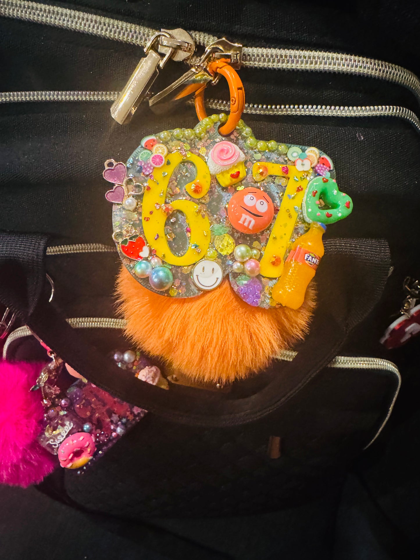 6 7 Sparkle Clutter Keycharm | Trendy Resin “Junk” Keychain with Pom | Handmade Candy-Style Accessory | Customizable Glitter Bag Charm