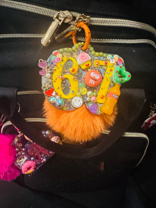 6 7 Sparkle Clutter Keycharm | Trendy Resin “Junk” Keychain with Pom | Handmade Candy-Style Accessory | Customizable Glitter Bag Charm