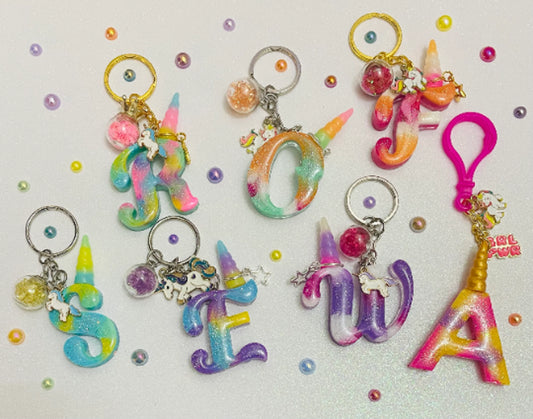 Back to School Unicorn Letter Initial Keychain Handmade Sparkle Backpack Bag Name Tag for Kids