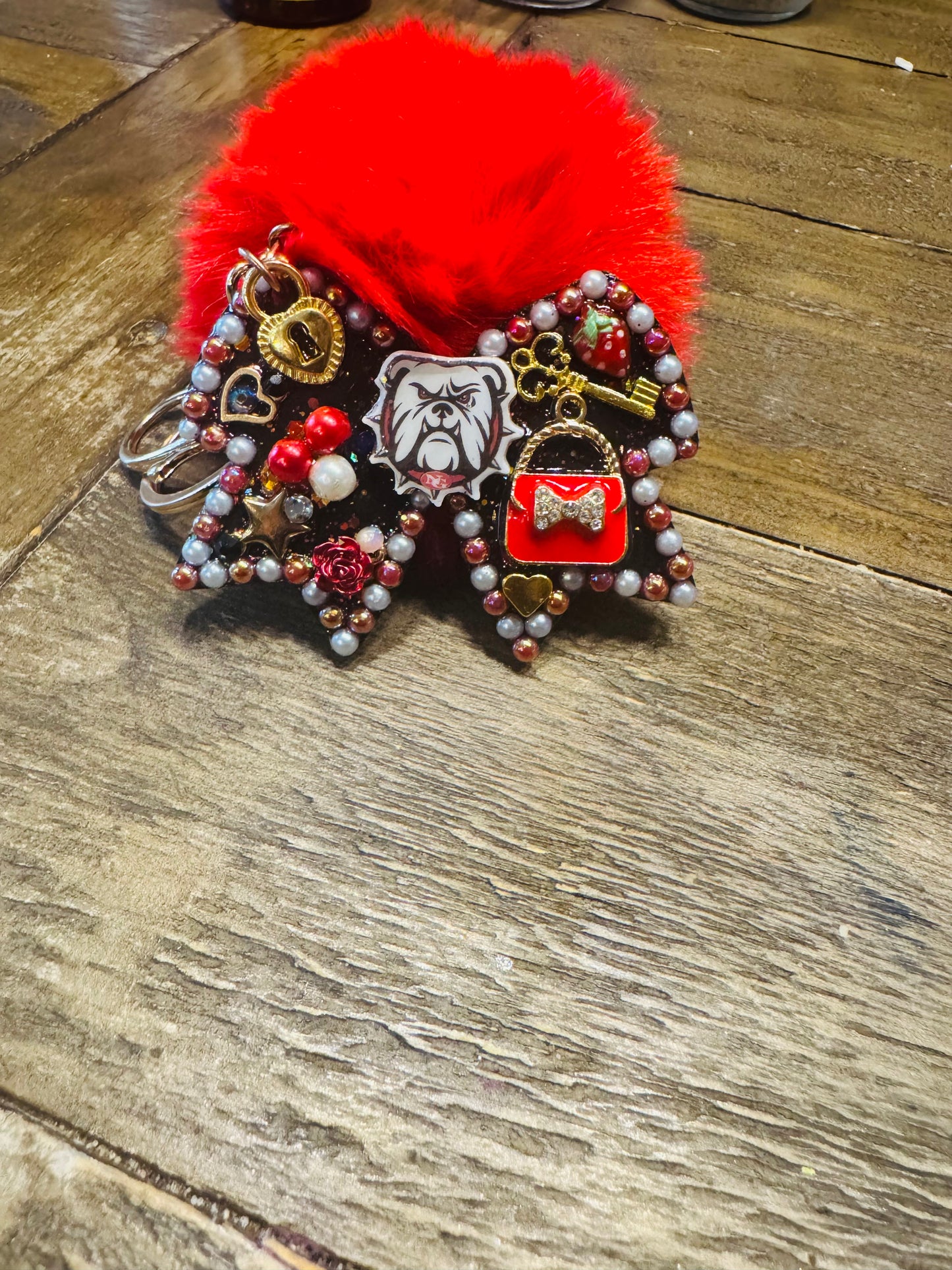 Sparkly Bulldog Keychain | School Spirit Accessory | Custom Glitter Charm with Red Pom | Handcrafted Resin Bag Tag | Gift for Students & Fans