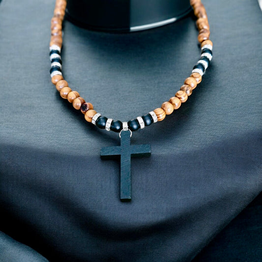 Wood Beaded Cross Necklace