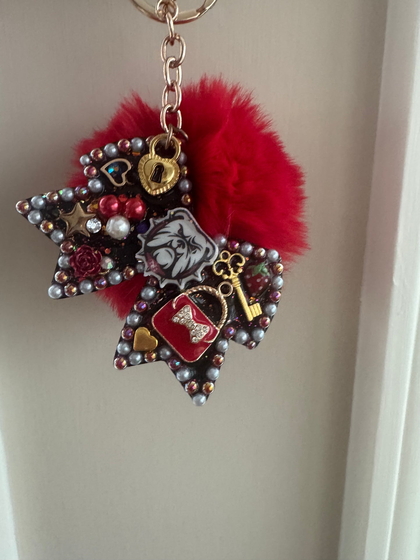 Sparkly Bulldog Keychain | School Spirit Accessory | Custom Glitter Charm with Red Pom | Handcrafted Resin Bag Tag | Gift for Students & Fans