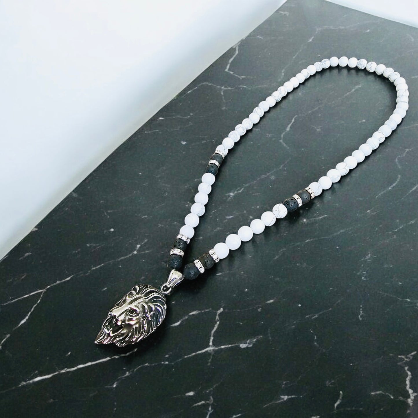 Lions Head Black and White Beaded Necklace