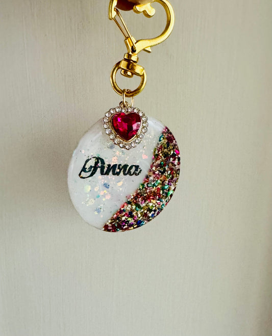 Personalized Glam Resin Keycharm with Rhinestone Heart – Custom Name Keychain | Sparkle Clutter Keycharm | Handmade Gift for Her
