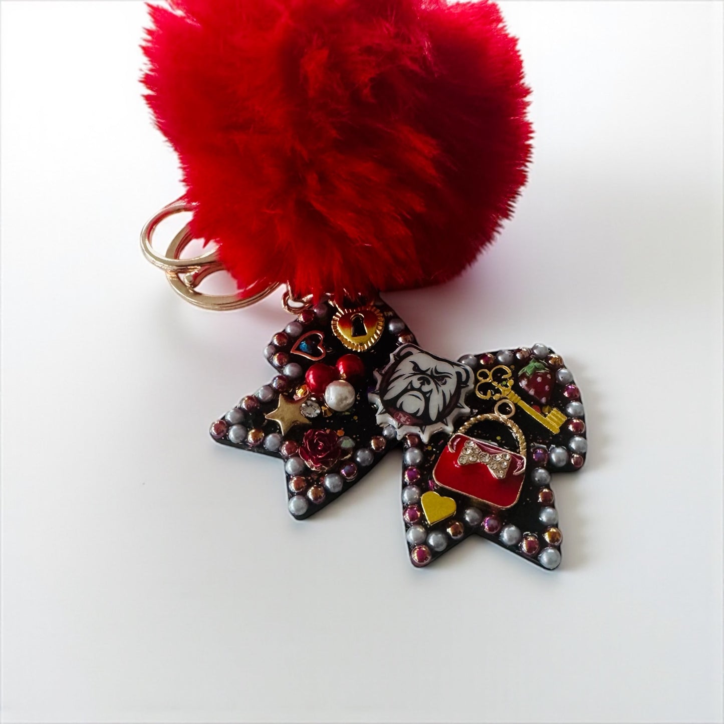 Sparkly Bulldog Keychain | School Spirit Accessory | Custom Glitter Charm with Red Pom | Handcrafted Resin Bag Tag | Gift for Students & Fans