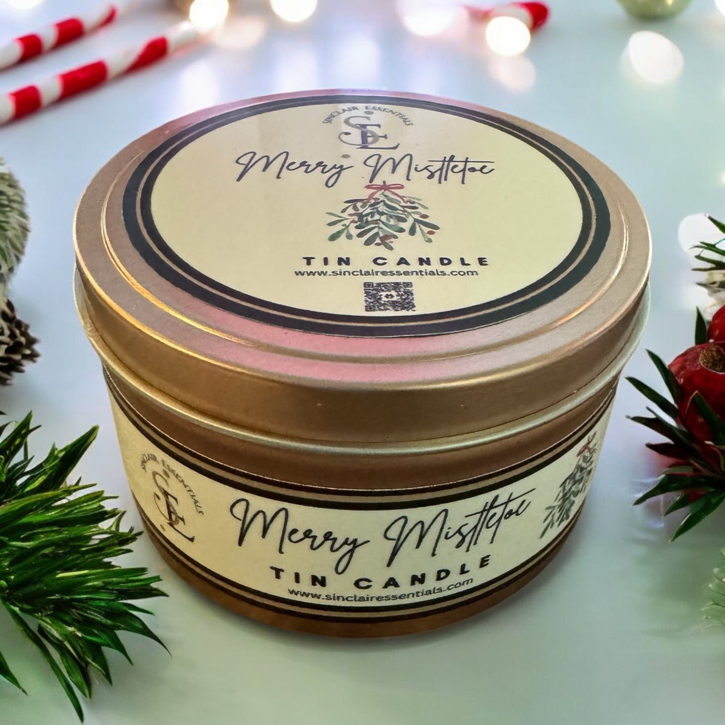 8 oz Merry Mistletoe Hand Poured Tin Candle