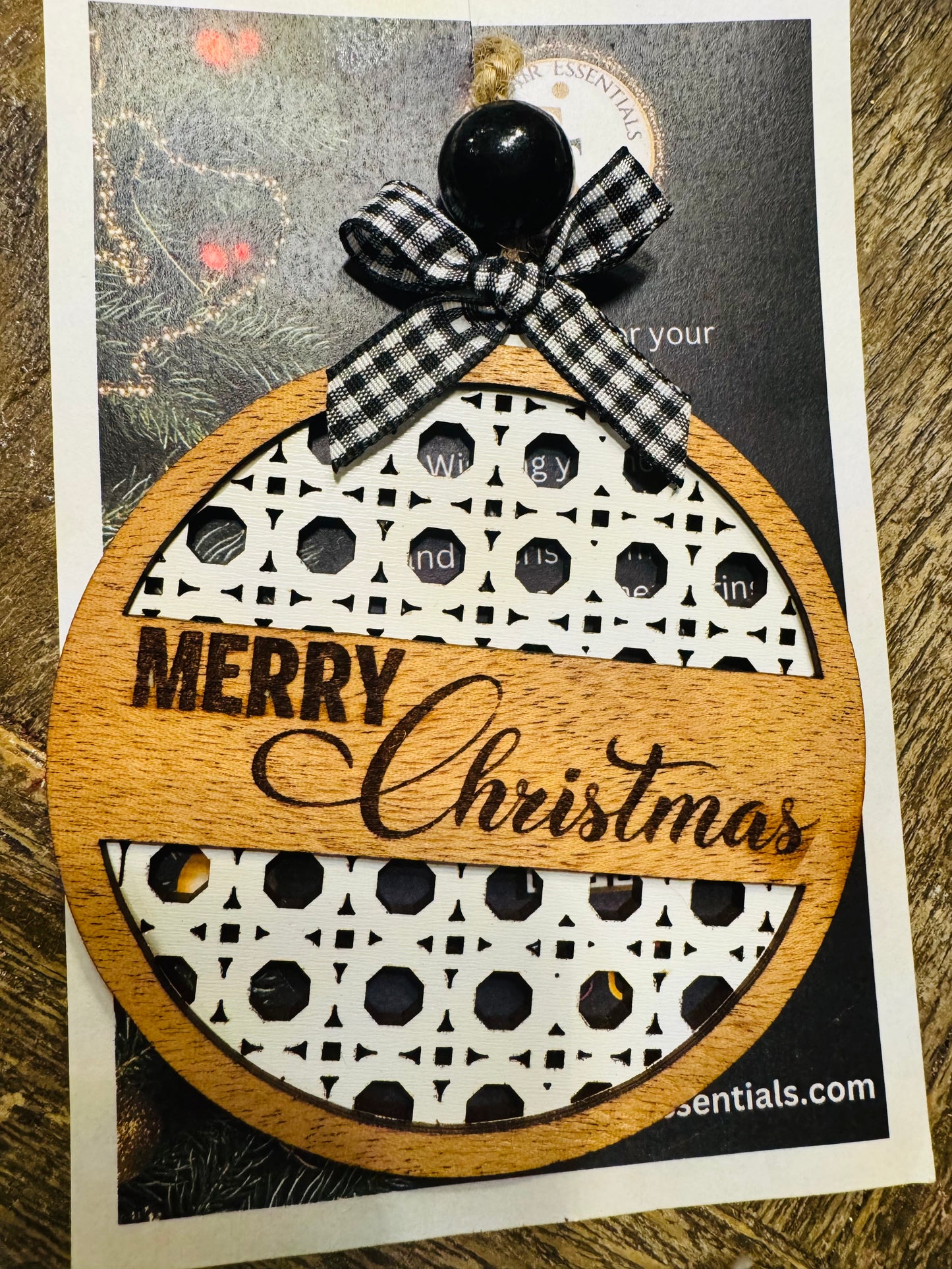 🎄 Rustic “Merry Christmas” Ornament | Farmhouse Wood Laser-Cut Holiday Decor with Gingham Bow
