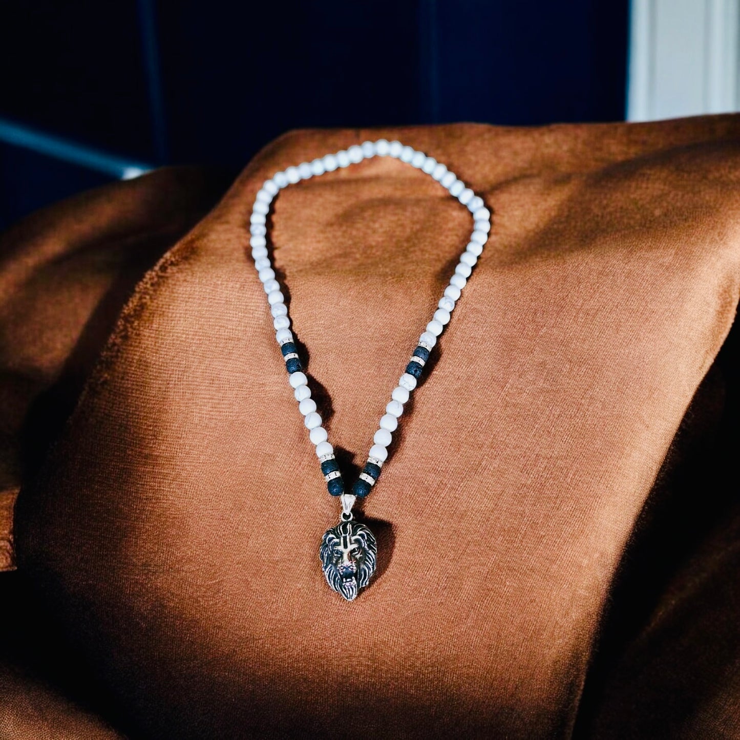 Lions Head Black and White Beaded Necklace