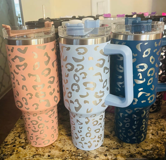 40 oz Leopard Tumbler with matching name tag