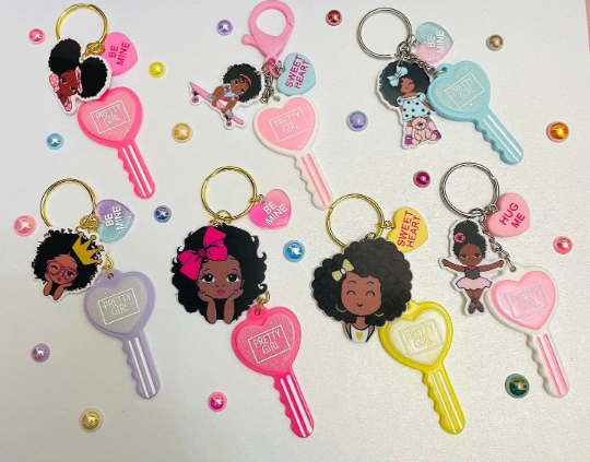 Heart Key w Afro Girl Charms Keychain Backpack Tag